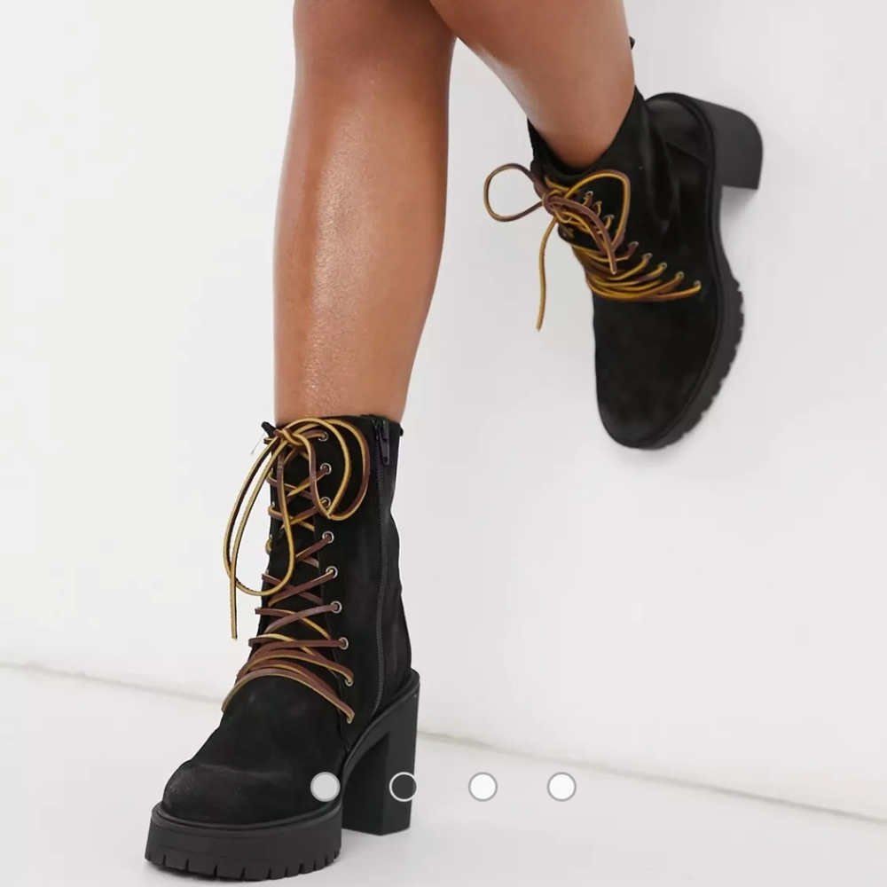 Free People Black Chunky Lug-Heel Combat Boots with Brown & Tan Laces
